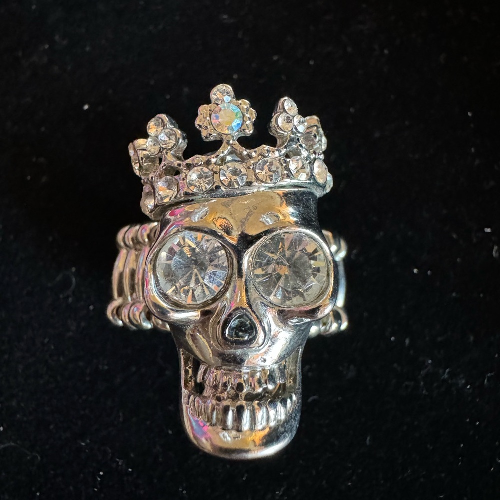 ❤️ NWOT Silver Tone Skull With Rhinestone Gothic Ring Size 9